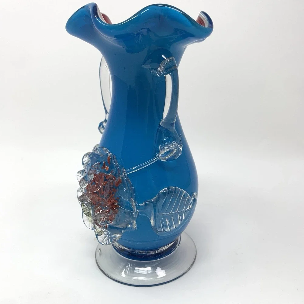 Antique Stevens & Williams Blown Glass Vase Applied Flower Cased Red Rim
